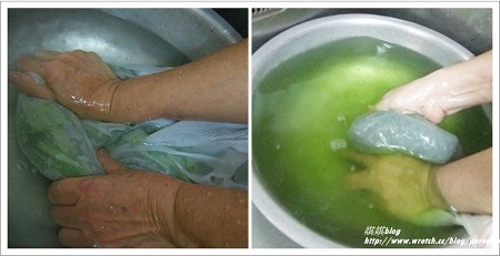 把葉子裝到洗衣袋裡，搓揉洗出苦水，這時候的水會呈現深綠色，需要換水搓洗3到4次，洗到顏色變淺綠色就可以了