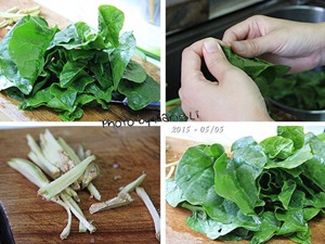 皇宮菜葉先洗淨後取嫩的部位食用，有些比較大片的葉子可以把它剝開成兩半，薑切絲備用