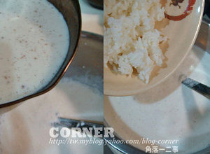動物性鮮奶油打到5~6分發，將步驟2放涼的牛奶液加到打發的鮮奶油中混合拌勻，再加入白飯拌勻，布丁液完成