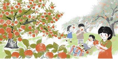 秋天時，樹上掛滿紅色的蜜蘋果。