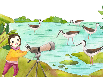 Mita透過望遠鏡，愉快賞鳥。