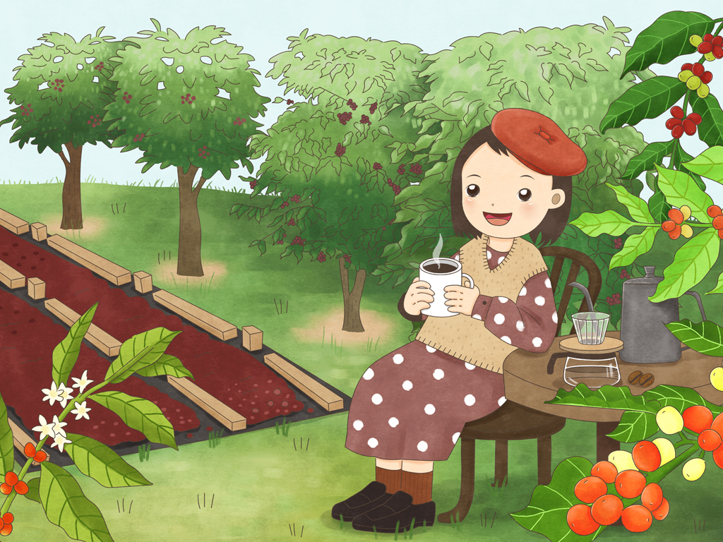 聞著咖啡香，Mita欣賞咖啡園風光。