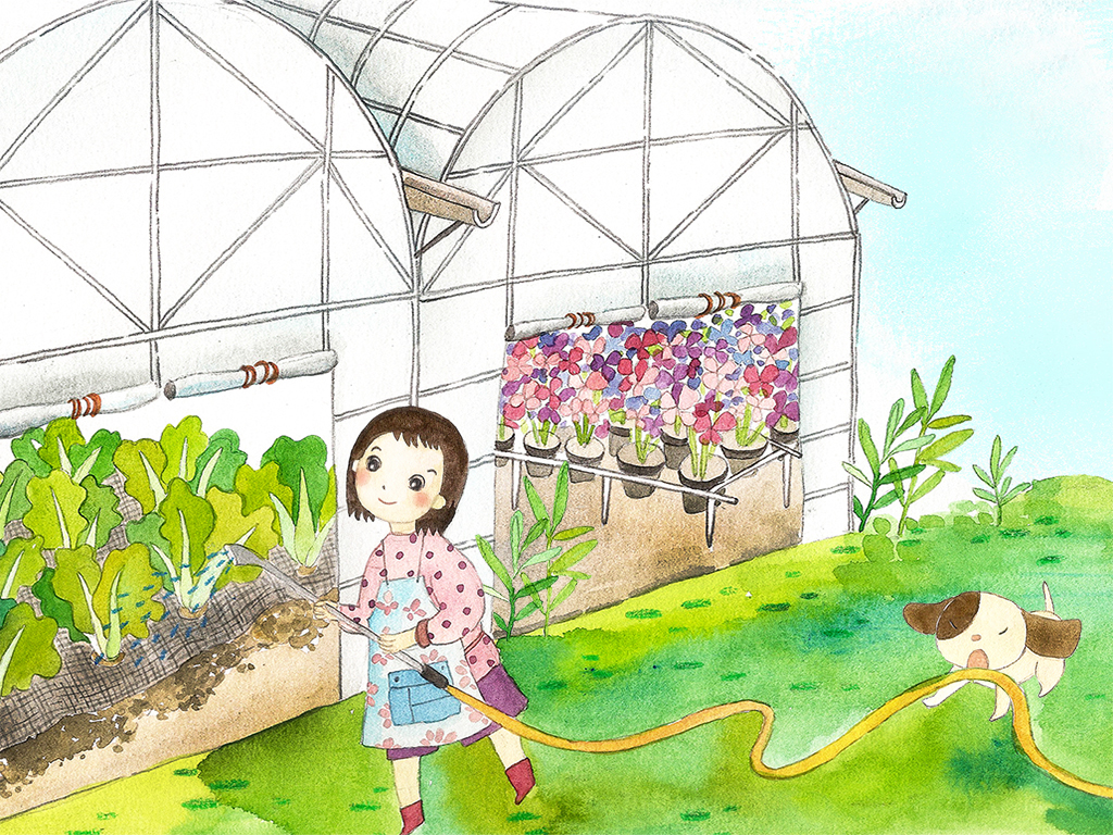 Mita正為溫室的蔬果澆水